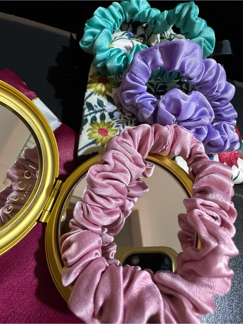 GUCCI Floral Compact Mirror & Silk Scrunchie Set - Pink, Purple, Teal GWP